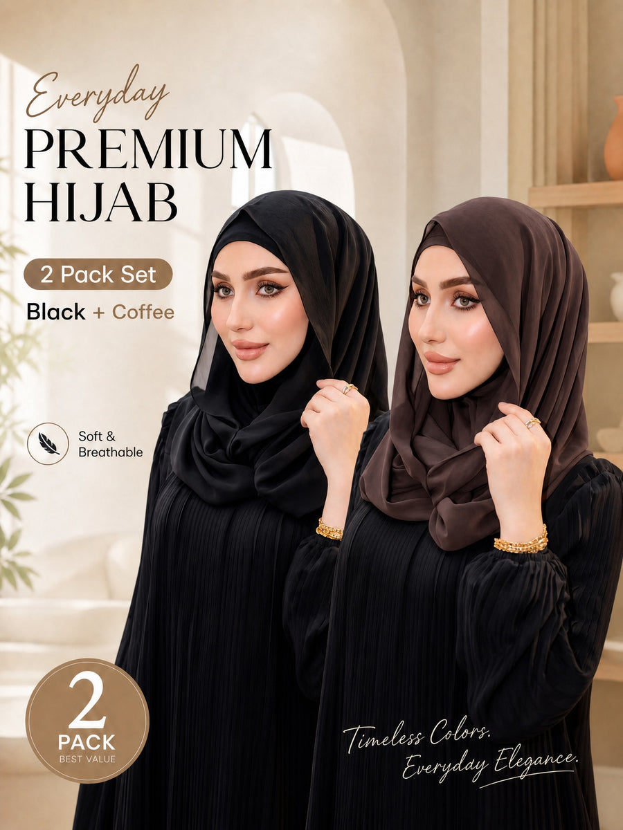2pcs Muslim: A Double-layered, Pull-on Style Headscarf Featuring a Convenient 1pc Design That Combines an Inner Cap with a Chiffon Overlay. Suitable for Daily Wear, Travel, Ramadan, Prayer, and Modest Everyday Outfits. - Black+Coffee