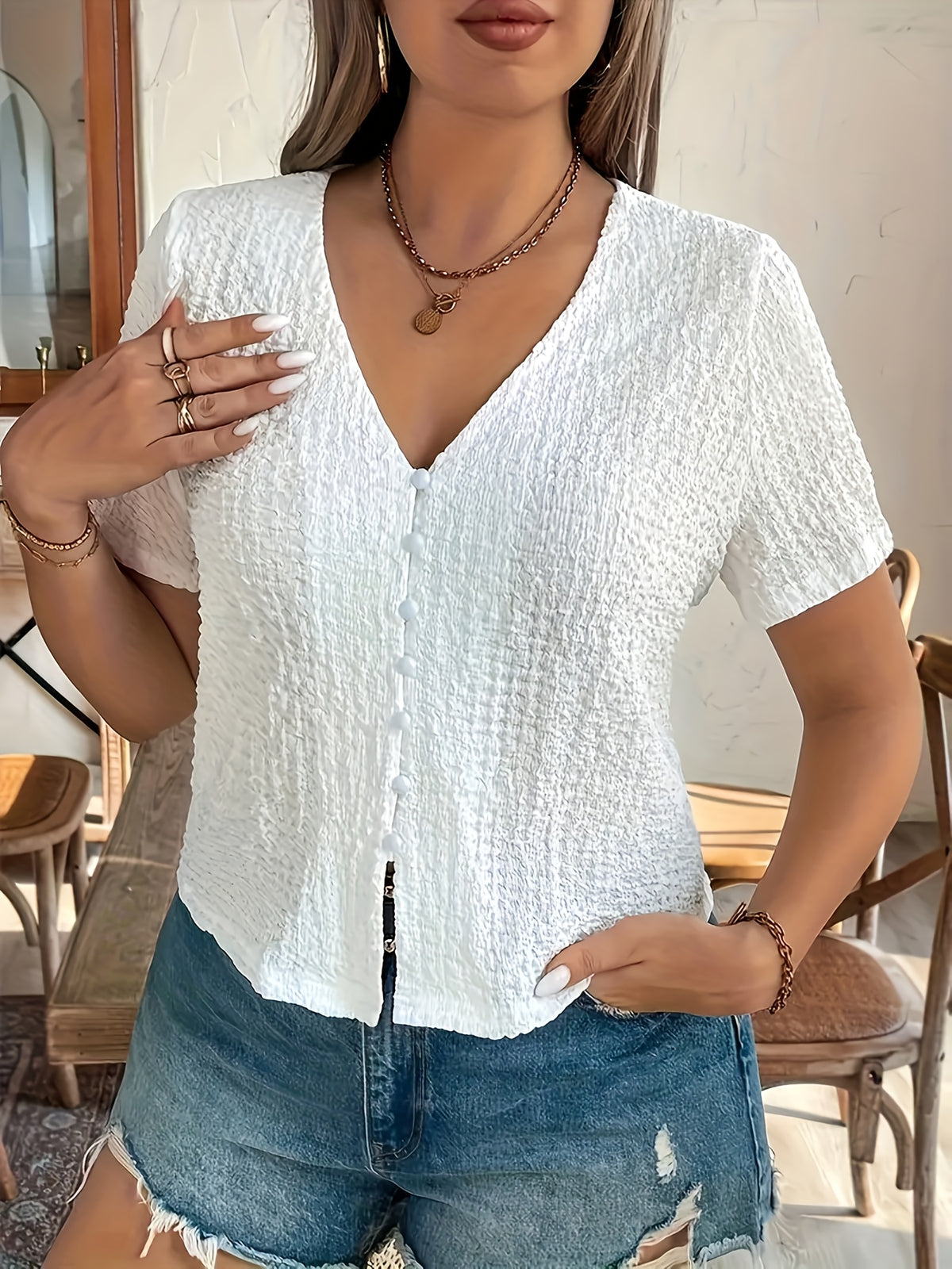 Button- V-neck Shirt - Milky