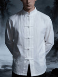 New Chinese Style Men'S Long Sleeve Shirt - And Linen Ethnic Characteristic Practice Clothes - Zen Retro Tang Style Thin Jacket (Solely Includes One Jacket) - White