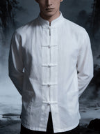 New Chinese Style Men'S Long Sleeve Shirt - And Linen Ethnic Characteristic Practice Clothes - Zen Retro Tang Style Thin Jacket (Solely Includes One Jacket) - White