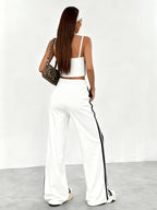 Spring/Summer New Women's Outfit Set, Crop Top + Wide-Leg Pants with Contrast Side Stripes - American y Style & Korean Lazy Chic Look - White