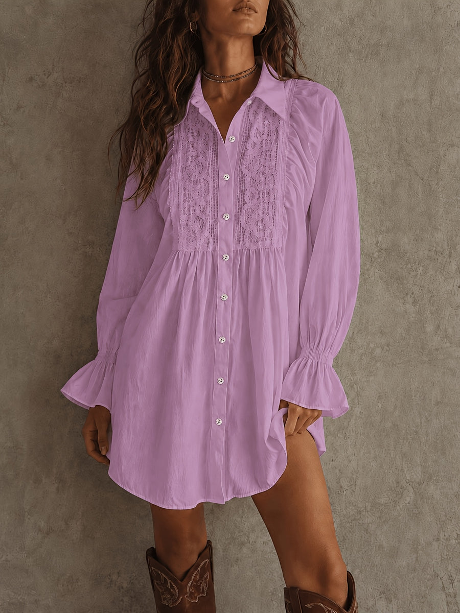 2026 Spring/Autumn Front Short Back Long Designer Style Loose Fit Elegant Solid Color Button-Up Elastic Cuffs Patchwork Lace Trim Women's Blouse ZLLZ - Pink