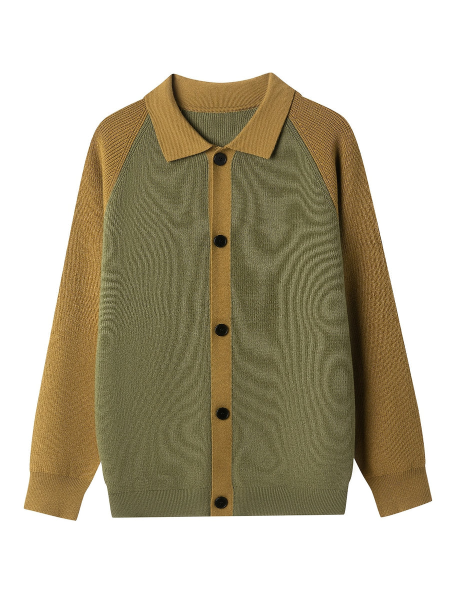 New Spring And Autumn Men'S Knitted Cardigan with a Large Lapel And Buttons, Featuring Trendy Color-Blocking Design, Comfortable And Warm Men'S Sweater Jacket A523 - Khaki