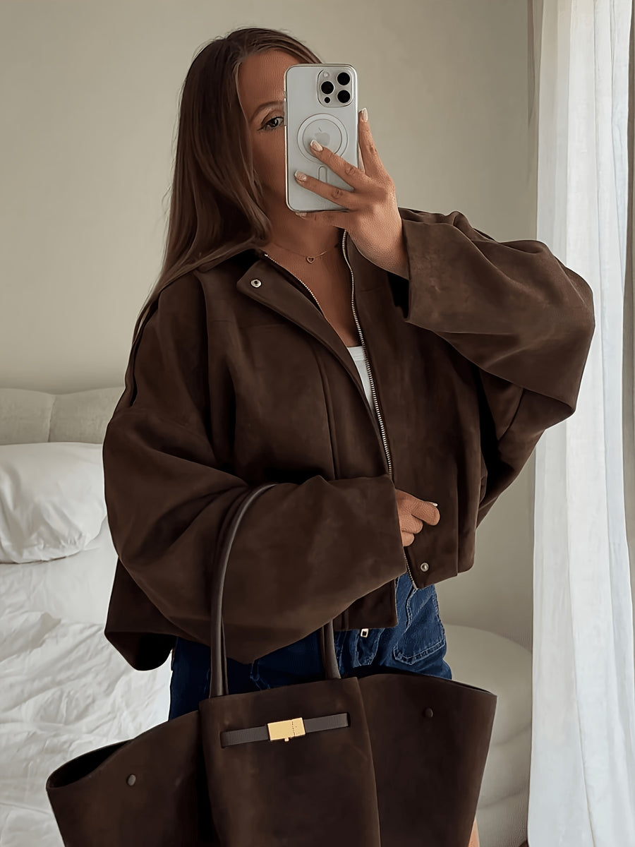 Women'S Casual Street Style Lapel Jacket, Retro Long Sleeve Zip Loose Coat - Coffee Color