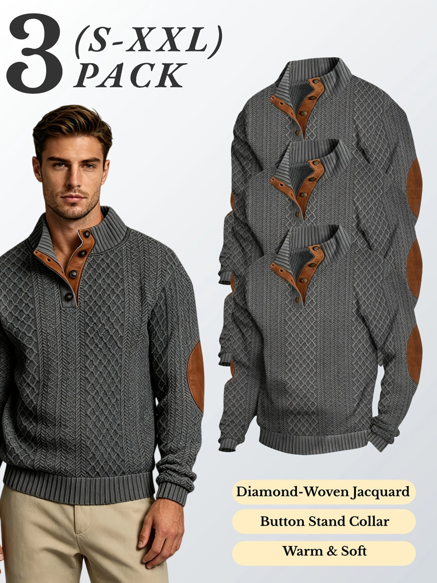 3pcs Men'S Textured Jacquard Knit Sweater Retro Casual Button-Up Stand Collar Long Sleeve Top for Autumn Winter Outing Home Versatile Basic Solid Color - Dark Gray 3