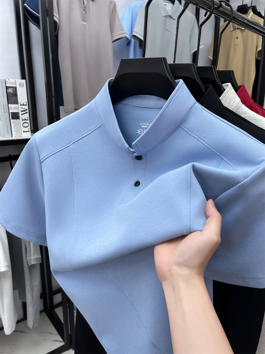 Men'S Stand-Up Collar Short-Sleeved T-Shirt, Men'S Retro High-End Summer New Shoulder-Padded Slimming Half-Sleeve Polo Shirt, Men'S Yao Can - Sky Blue