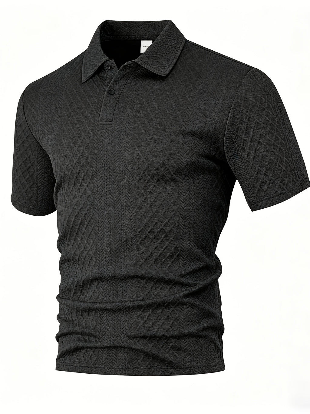 Men'S Summer Jacquard Short-Sleeve Polo Shirt, Button-Up Collar Design, High-Stretch Textured Fabric, Suitable for Business Office Casual Wear - Black