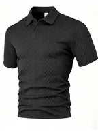Men'S Summer Jacquard Short-Sleeve Polo Shirt, Button-Up Collar Design, High-Stretch Textured Fabric, Suitable for Business Office Casual Wear - Black
