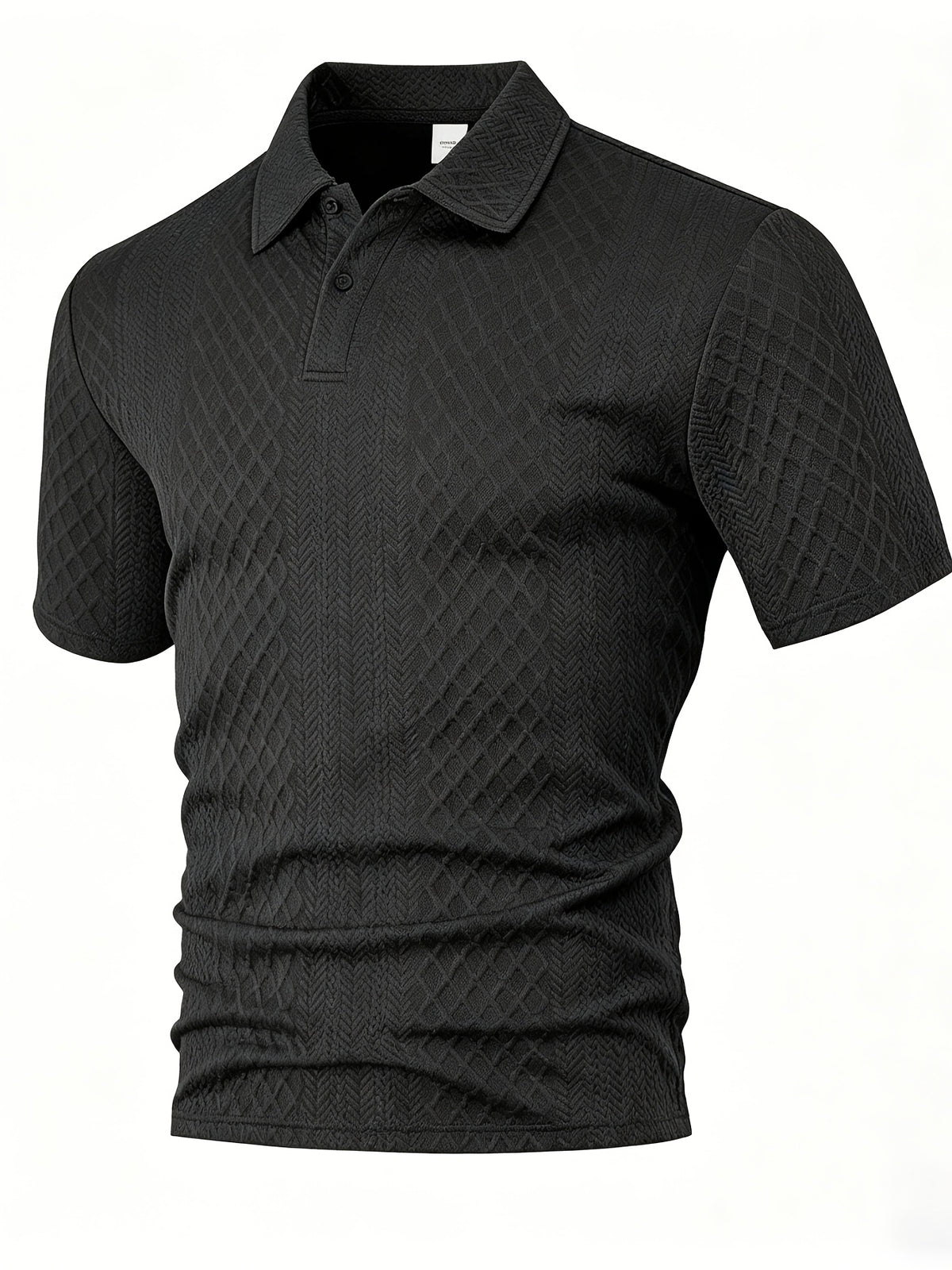 Men'S Summer Jacquard Short-Sleeve Polo Shirt, Button-Up Collar Design, High-Stretch Textured Fabric, Suitable for Business Office Casual Wear - Black