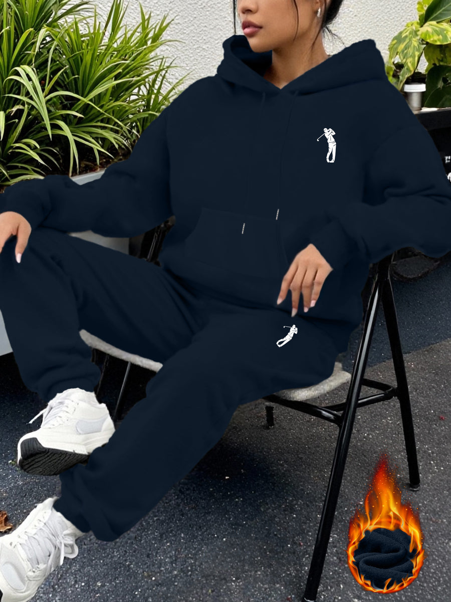 Geometric Print Women'S Fleece-Lined Printed Hooded Sweatshirt + Sweatpants Sportswear Set Autumn And Winter Pullover, Machine Washable Comfortable Top Soft Fabric Daily Versatile, Fleece-Lined Design, 100% - Navy Color