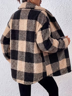 Women's Plush Faux Teddy Jacket - Elegant Collar Plaid Coat with Pockets, Gray & White Contrast Suitable for Fall/Winter, Warm Blazer for Casual Outerwear, Machine Washable Teddy Coat - Black apricot