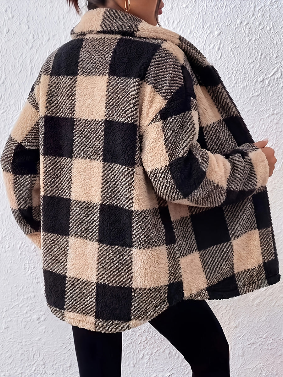 Women's Plush Faux Teddy Jacket - Elegant Collar Plaid Coat with Pockets, Gray & White Contrast Suitable for Fall/Winter, Warm Blazer for Casual Outerwear, Machine Washable Teddy Coat - Black apricot
