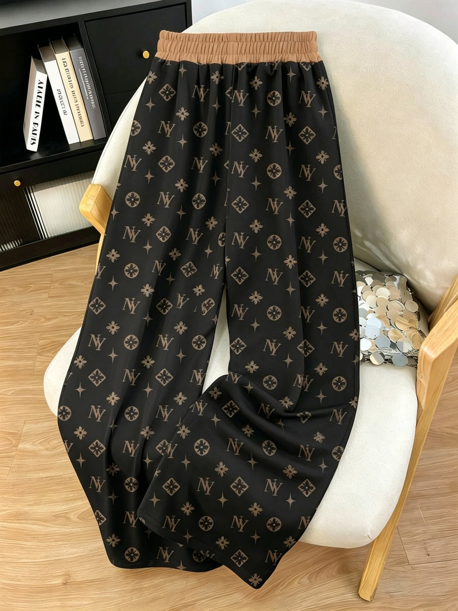 Women's Minimalist Printed Casual Pants, Drawstring Pocket Straight-Leg Trousers, Machine Washable and Hand Washable - Black