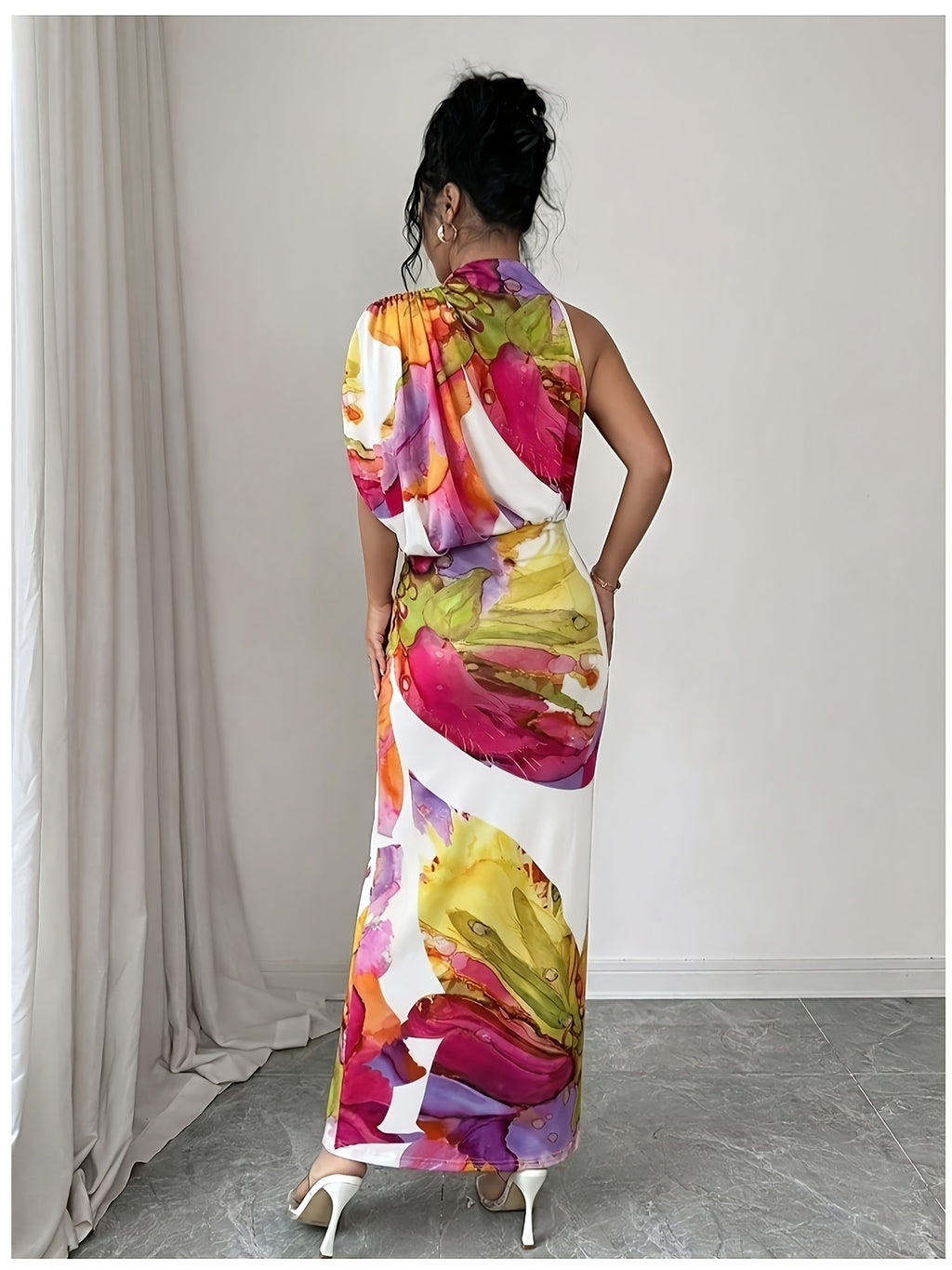 Women's Elegant One-Shoulder High Neck Sleeveless Bodycon Maxi Dress with Ruched Waist & Fit - Machine Washable Suitable for Vacation, Party, Wedding Guest Dress, Evening Date Dress - Multicolor