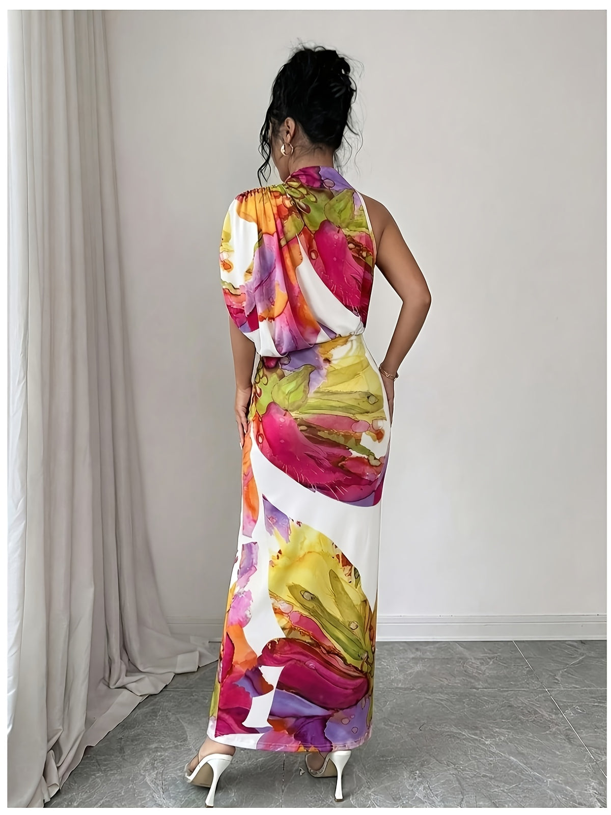 Women's Elegant One-Shoulder High Neck Sleeveless Bodycon Maxi Dress with Ruched Waist & Fit - Machine Washable Suitable for Vacation, Party, Wedding Guest Dress, Evening Date Dress - Multicolor