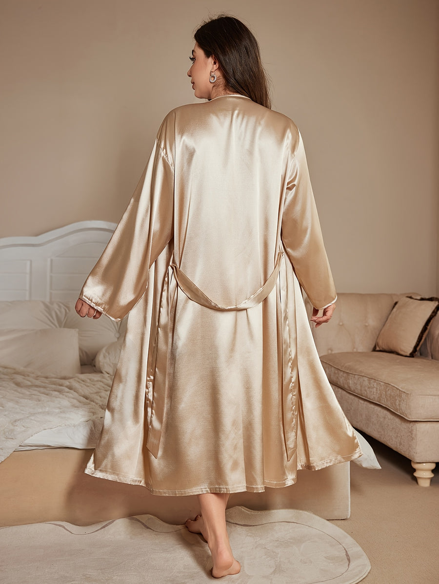 Valentine's Day Edition Women's Plus Size Long Lace Trim Camisole Nightgown 2pcs Set - Khaki