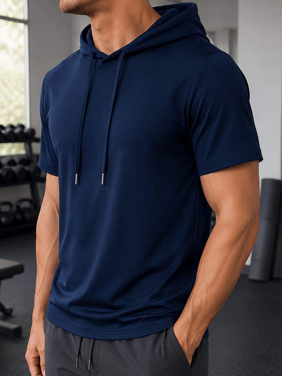Men's Lightweight Breathable Short-Sleeve Hooded Sweatshirt - Solid Color Loose Fit Hoodie Suitable for Gym, Running, Outdoor Commuting | Machine Washable Pullover Hooded T-Shirt for Youth &, Basic Versatile Casual Wear - Navy Color