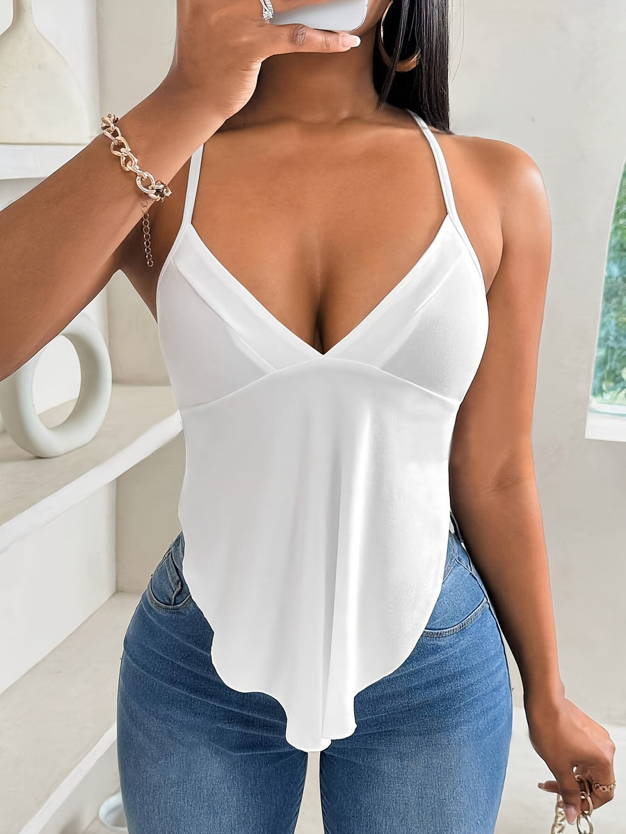 Women's Solid Color Camisole T-Shirt, Sexy Women's Summer Casual Backless Top, Simple Daily Long Strap Camisole - White