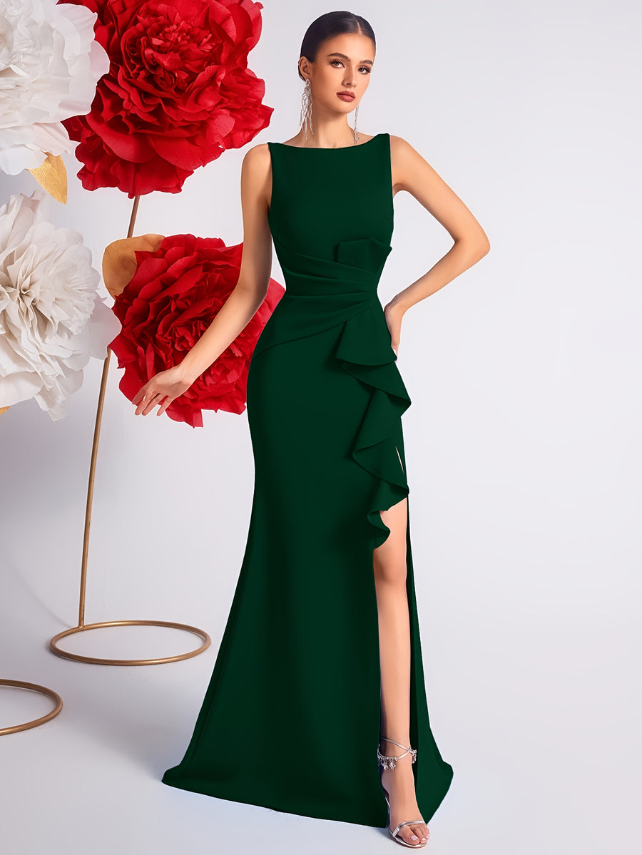 2025 Solid Color High Waist Pleated Ruffle Trim Slit Backless Prom Party Evening Gown Dress - Dark Green