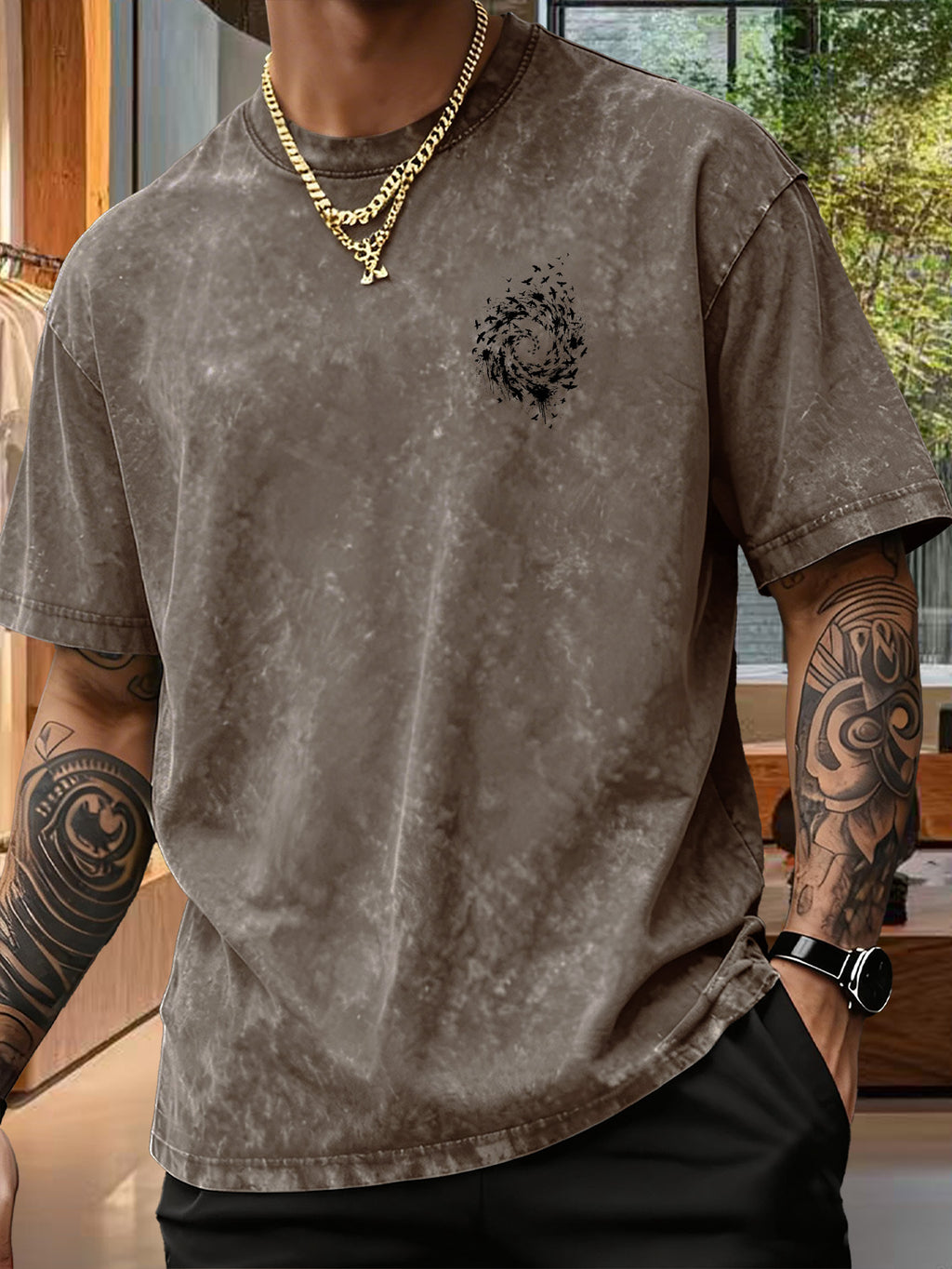 Men's Pure  Short-Sleeve Top with Trendy Double-Sided Print of Flocks of Birds and Spiral Ink Splatter Design, 12 Colors for  Mix-and-Match, Washed Distressed Loose Fit, National Trend Y2K Style for Commuting, Daily Outings, Sports - Brown