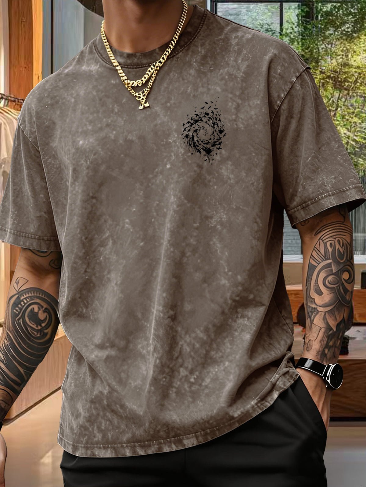 Men's Pure  Short-Sleeve Top with Trendy Double-Sided Print of Flocks of Birds and Spiral Ink Splatter Design, 12 Colors for  Mix-and-Match, Washed Distressed Loose Fit, National Trend Y2K Style for Commuting, Daily Outings, Sports - Brown
