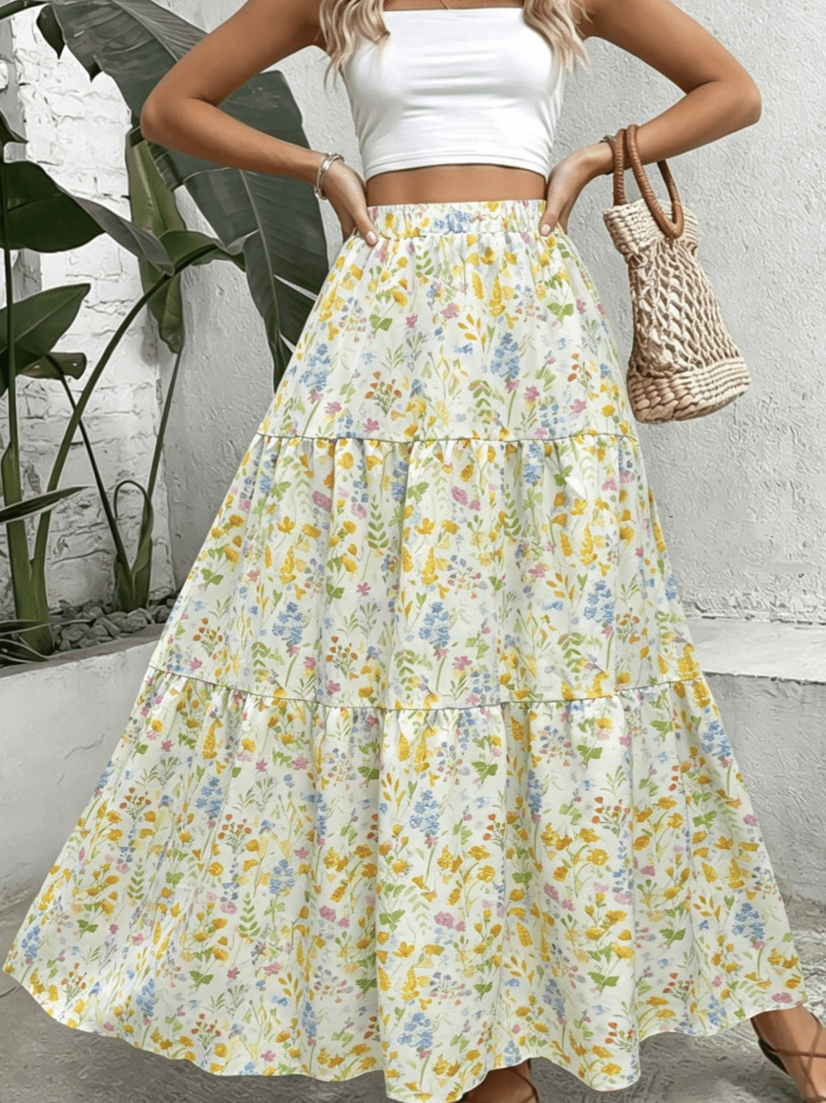 Women's Elegant Spring/Summer Bohemian Vacation Style Small Floral Print High-Waist Long A-Line Flared Beach Dress - Yellow
