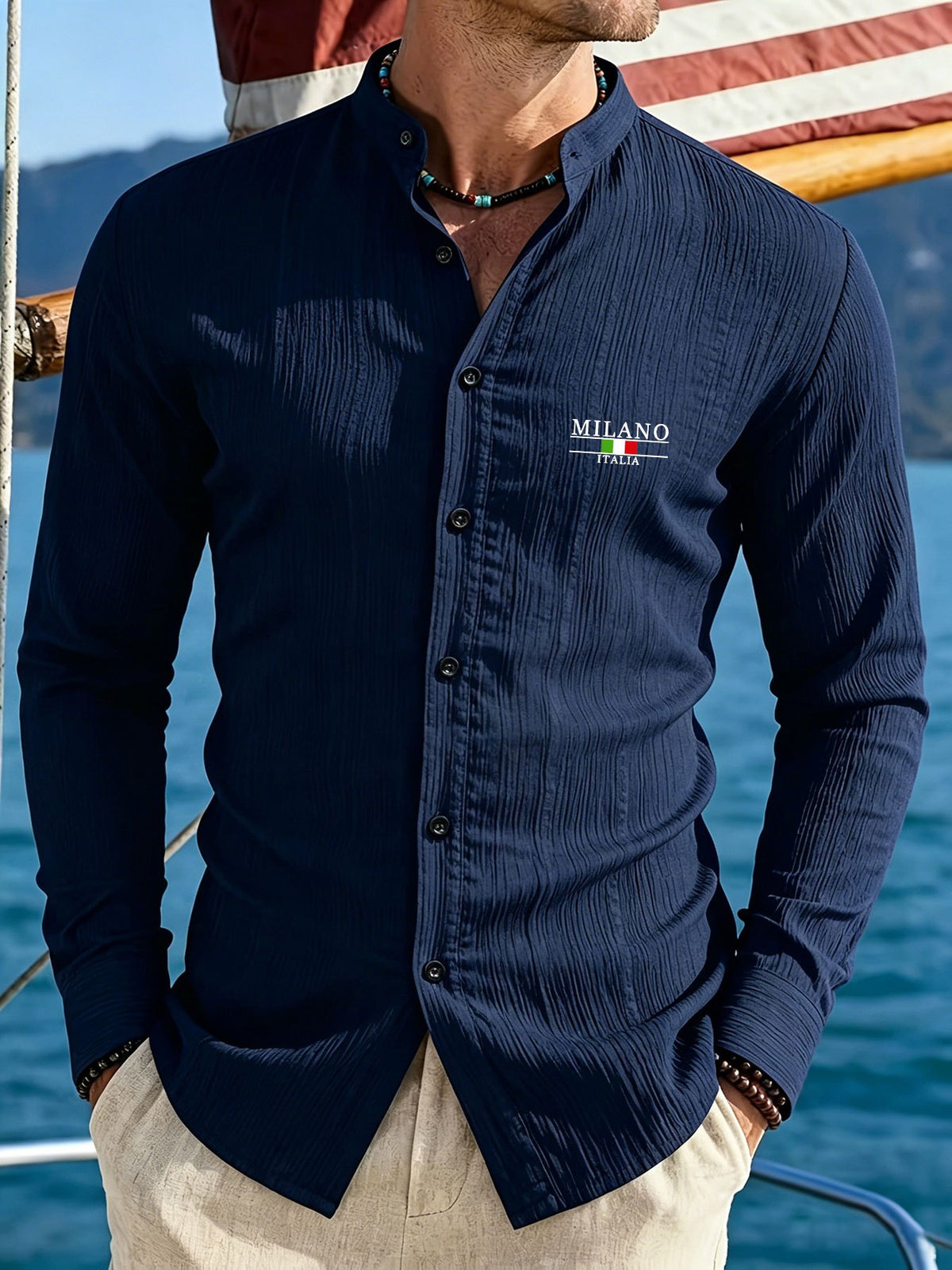 3pcs Men'S Lightweight Breathable Long Sleeve Shirts, Trendy "MILANO" Letter Flag Pattern Print - Fashionable Versatile Stand-Up Collar Comfortable Open Cardigan, Suitable for All Seasons, Beach, Outdoor, Travel Vacation, Party Daily Casual Wear - Navy Blue + White + Rose Red