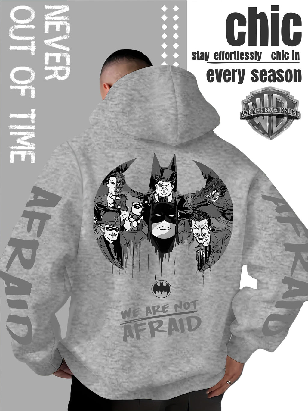 Men'S Hooded Sweatshirt Superhero Villain Group Black And White Comic Print, Batman Good And Evil Characters Gathered Design, Themed English Slogans And Rich Visuals, Dual Sleeves with Eye-Catching Graffiti Art Font - Light Grey