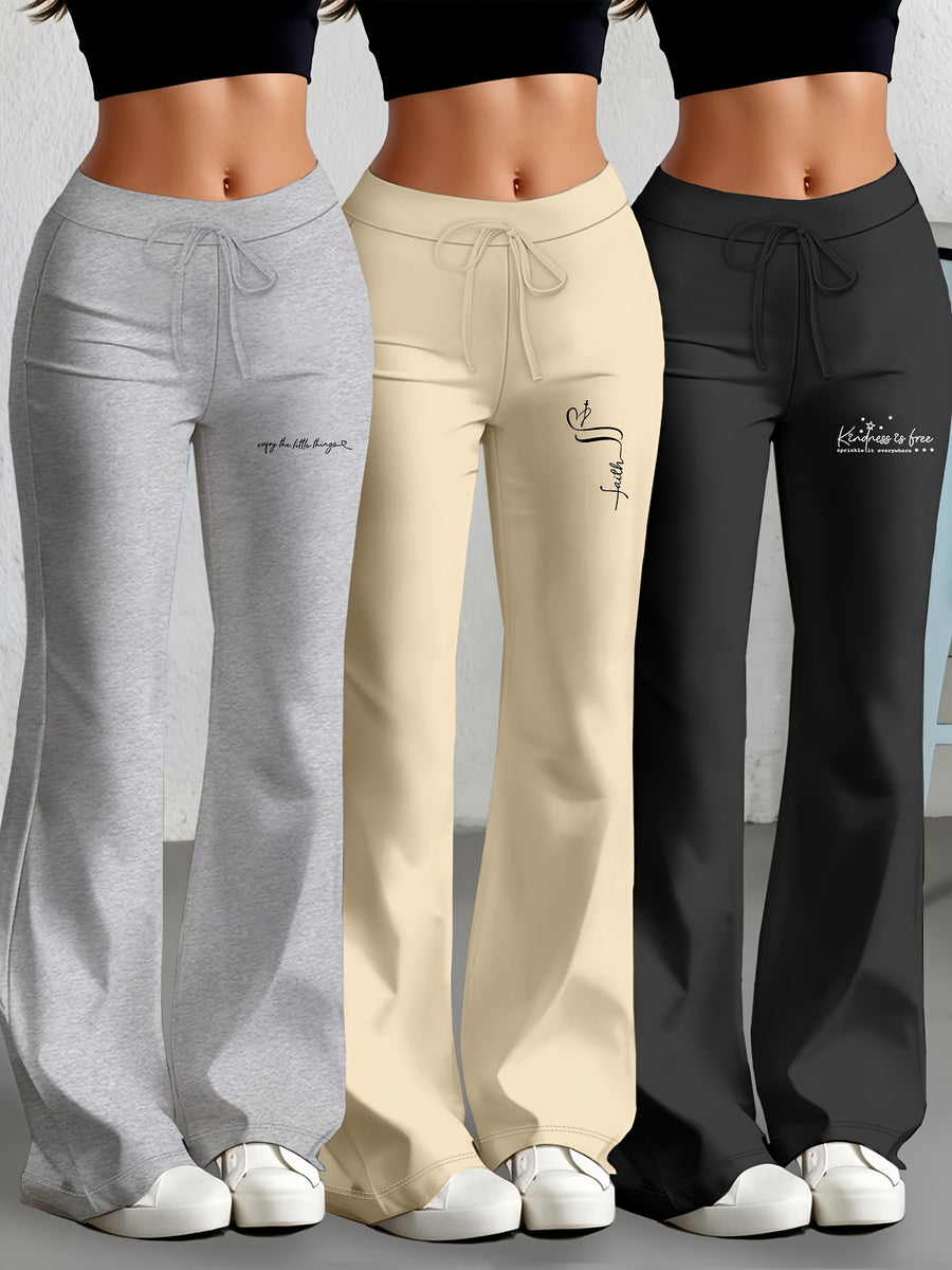 European and American Spring/Summer New Fashion Women's Bottoms: Flared Straight-Leg Pants with Classic English Text Print, Daily Casual Butt-Lifting Peach Butt Long Pants, Three-Piece Set - Gray+Apricot+Black
