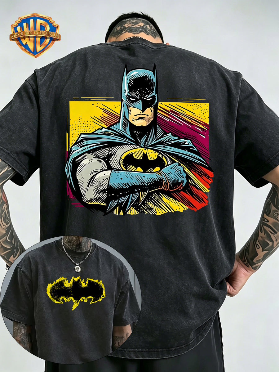 Men'S Washed Short Sleeve T-Shirt, Classic Batman Print on Back, Bold Bat Symbol on Chest, Retro Comic Style Design, Premium Fabric Soft And Breathable, Suitable for Casual Wear, Essential for Trendy Street Style - Black