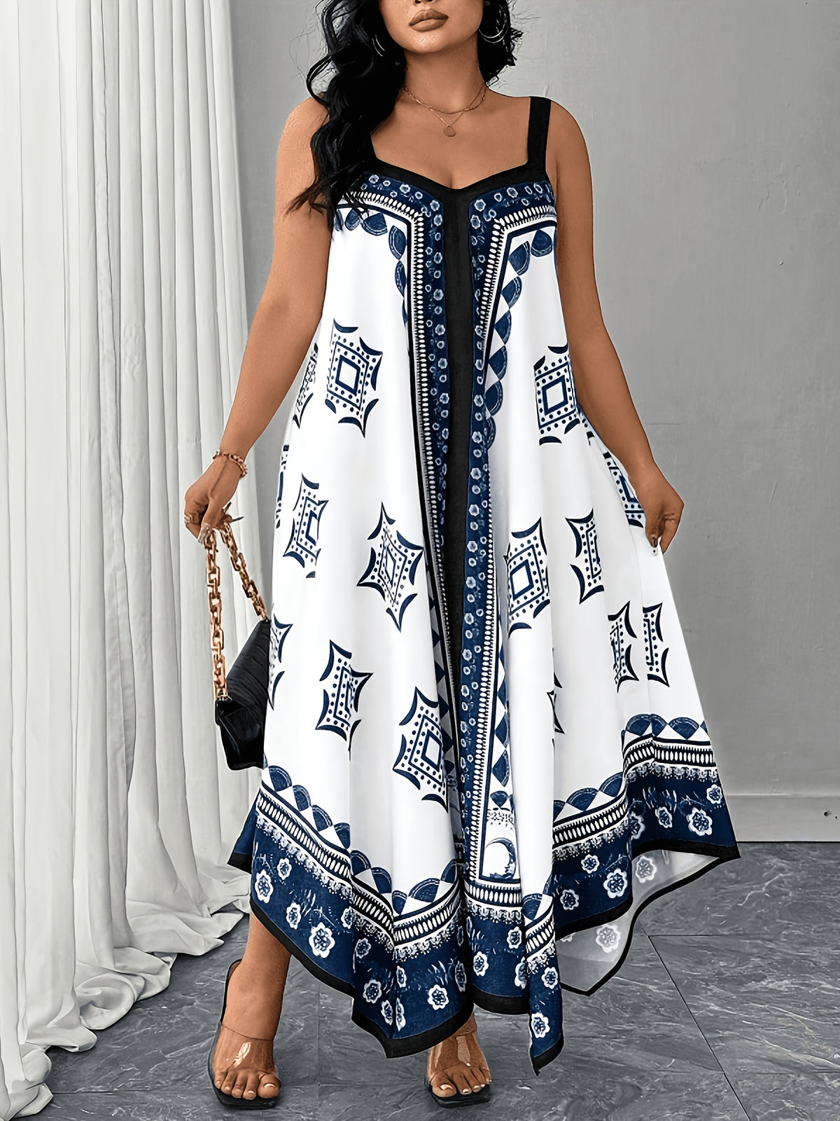 Plus Size, Plus-size Women's Bohemian Print Maxi Dress, Sleeveless Spaghetti Strap A-Line Dress, Geometric Pattern, Casual Loose and Flowy Summer Beach Dress, Irregular Hem Design, Blue and White Ethnic Print Maxi Dress - Multicolor