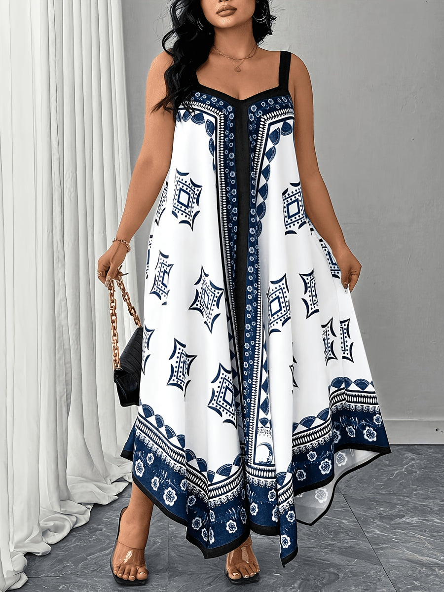 Plus Size, Plus-size Women's Bohemian Print Maxi Dress, Sleeveless Spaghetti Strap A-Line Dress, Geometric Pattern, Casual Loose and Flowy Summer Beach Dress, Irregular Hem Design, Blue and White Ethnic Print Maxi Dress - Multicolor