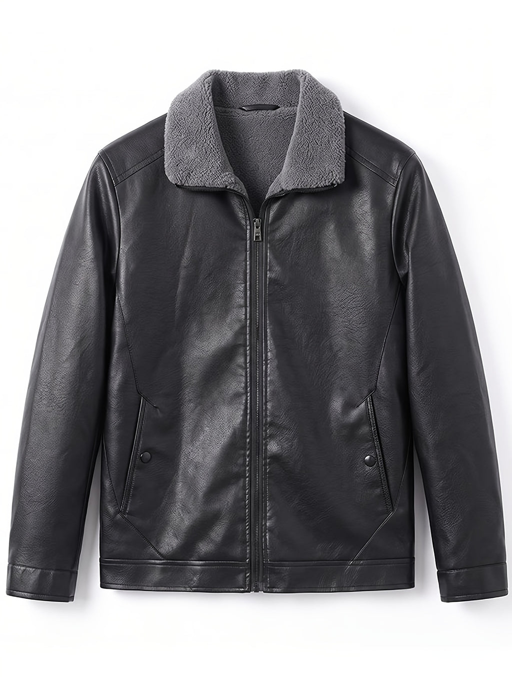 [Pearson OBM] Autumn Winter Men'S Faux Leather Jacket Fleece Thickened Lapel Coat Casual Top Warm Zippered Faux Leather Coat - Black
