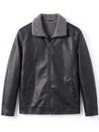 [Pearson OBM] Autumn Winter Men'S Faux Leather Jacket Fleece Thickened Lapel Coat Casual Top Warm Zippered Faux Leather Coat - Black