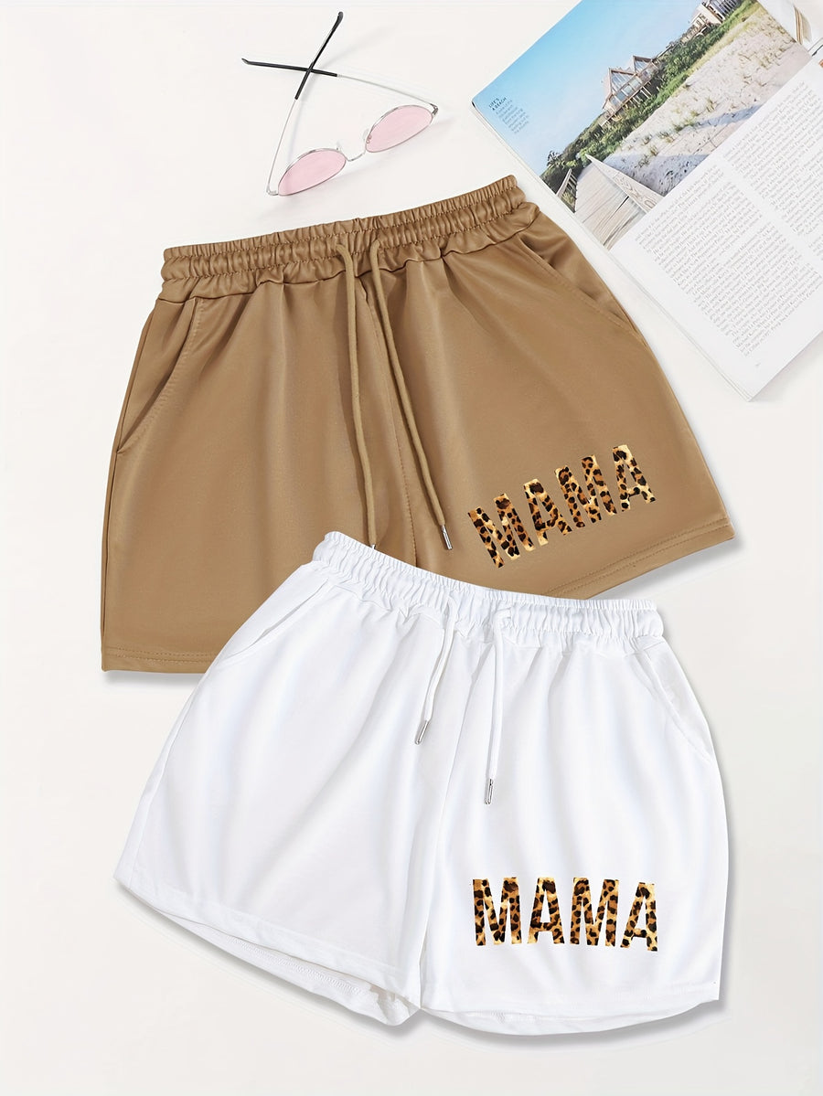 2pcs,Letter Print Drawstring Shorts, Casual Shorts, Women's Clothing - White+Brown