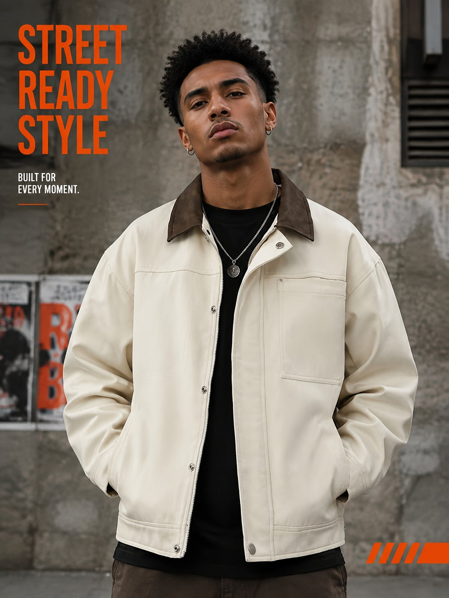 Men'S Color-Block Collar Cargo Jacket, Zipper Button-Front Double Breasted, Multi-Pocket Chest, Drop Shoulder Loose Short Retro Streetwear Coat - Light Beige