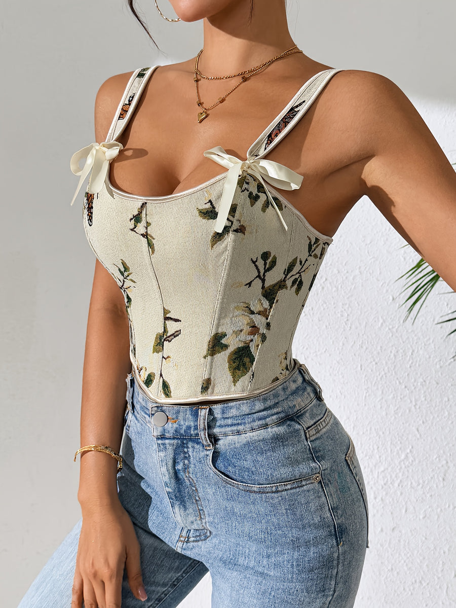 French-Style Court Bow Tie Lace-Up Floral Print Vintage Oil Painting Bodice Ball Gown Women's Camisole Printed Slim Fit Vest Corset Top for Outerwear - Apricot