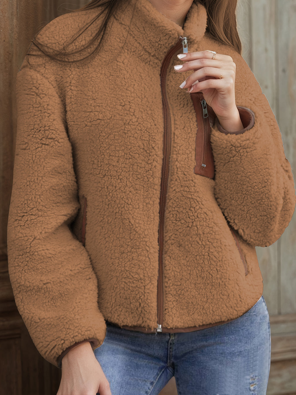 Applique Contrast Trim Zipper Cardigan Casual Plush Jacket - Coffee Color