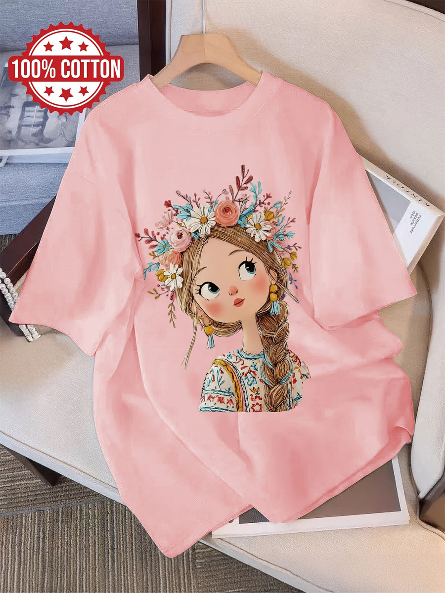 Graphic Print T-shirt, Short Sleeve Crew Neck Casual Top for Summer & Spring, Women's Clothing - Pink