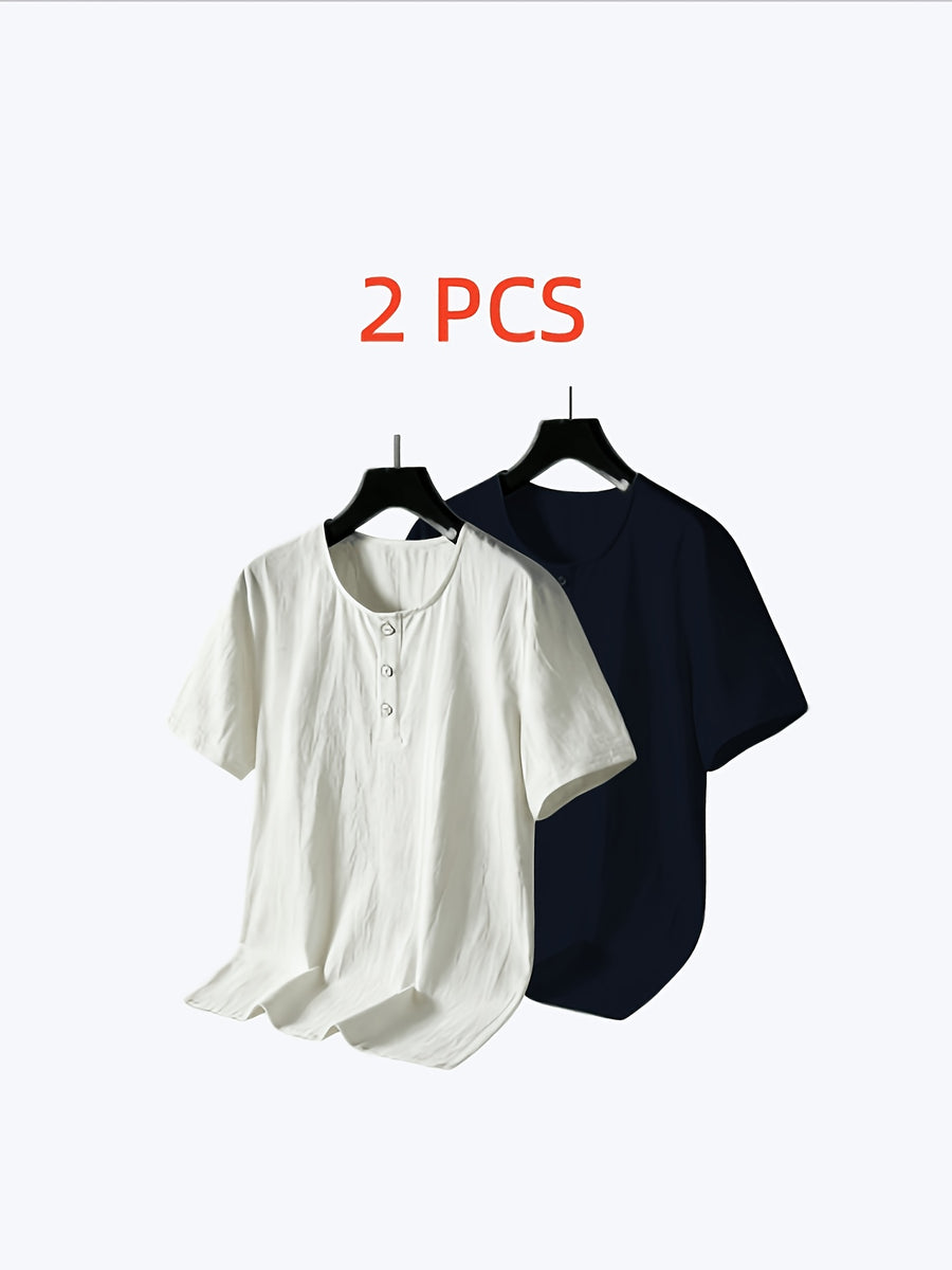 2pcs Washed Wrinkled Textured Crew Neck Henry Short Sleeve T Shirt Set Half Placket Multi Buttons Loose Drop Shoulder Men Island Vacation Solid Breathable Casual Tee Twin Set - White + Navy Blue
