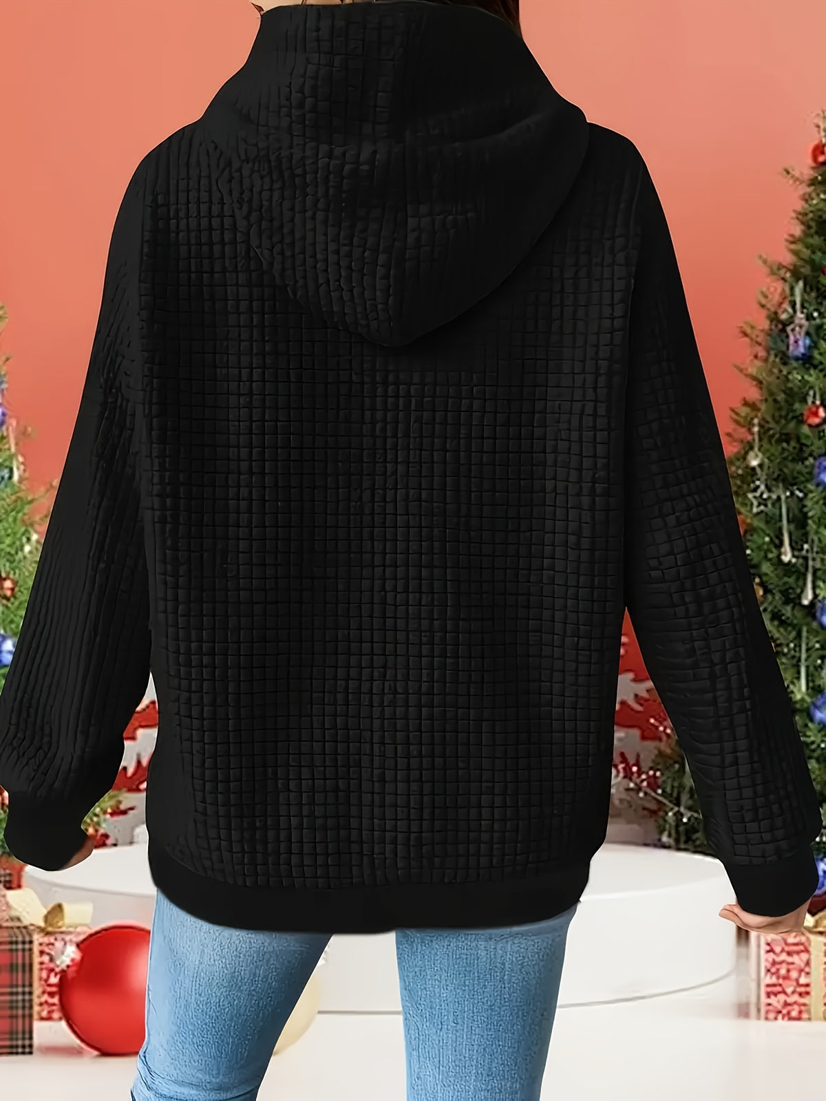 Solid Color Waffle Drawstring Hoodie, Casual Long Sleeve Kangaroo Pocket Sweatshirt For Fall & Winter, Women's Clothing - Black