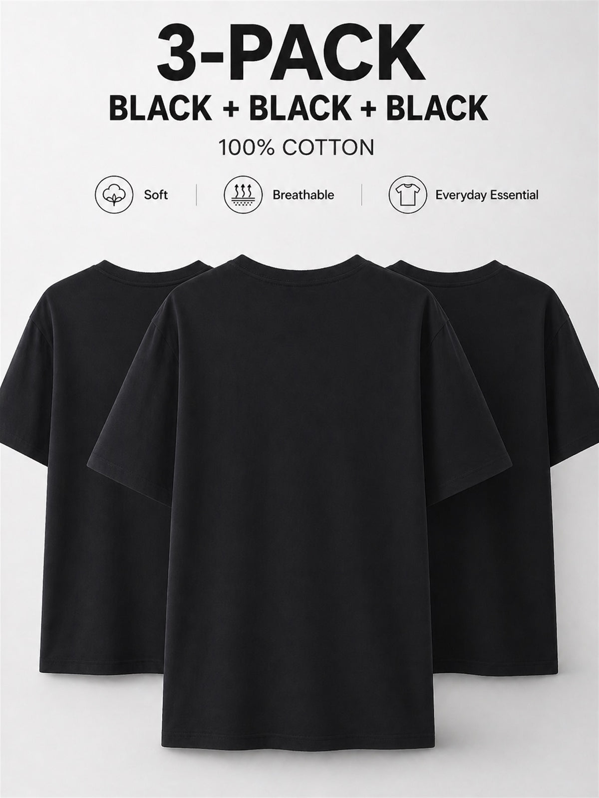 3pcs 100% Pure Solid Color Short-Sleeve T-Shirts, Unisex Crew Neck Basic Style Summer Change-Out Set, Soft, Skin-Friendly, Sweat-Absorbent, Breathable, Comfortable, Durable, Casual for Home, Outer Wear, Commuting, Versatile Top - Black+Black+Black