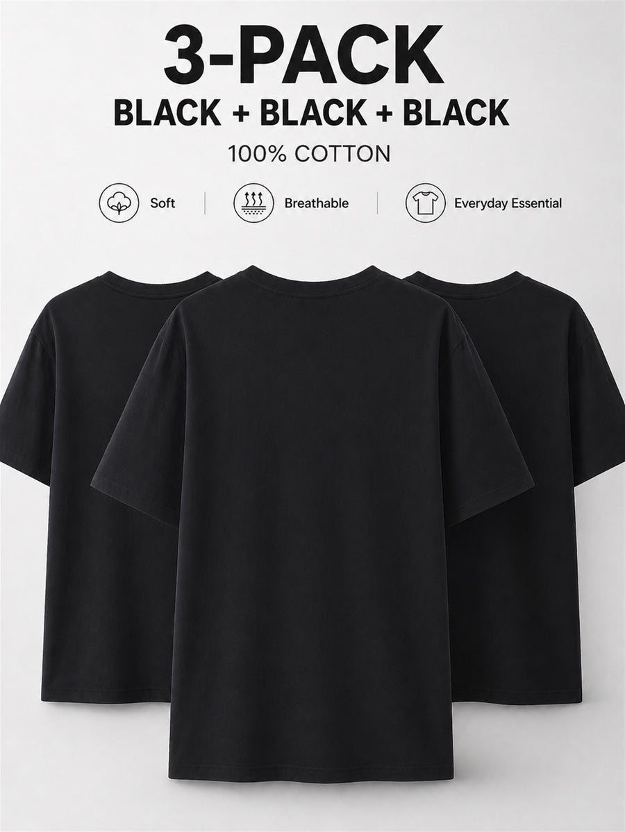 3pcs 100% Pure Solid Color Short-Sleeve T-Shirts, Unisex Crew Neck Basic Style Summer Change-Out Set, Soft, Skin-Friendly, Sweat-Absorbent, Breathable, Comfortable, Durable, Casual for Home, Outer Wear, Commuting, Versatile Top - Black+Black+Black