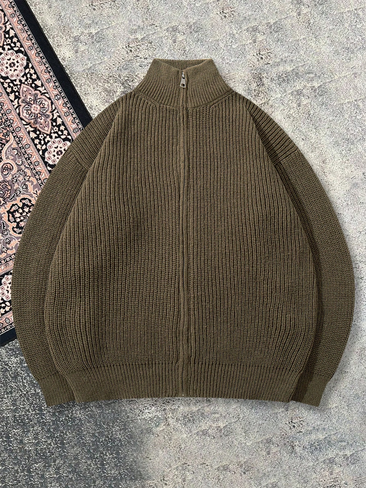 New Autumn/Winter Solid Color Lapel High Neck Cardigan Knit Sport Jacket Zip-Up Commuter Daily Casual Dark Green Short Knitted Top - Dark Green