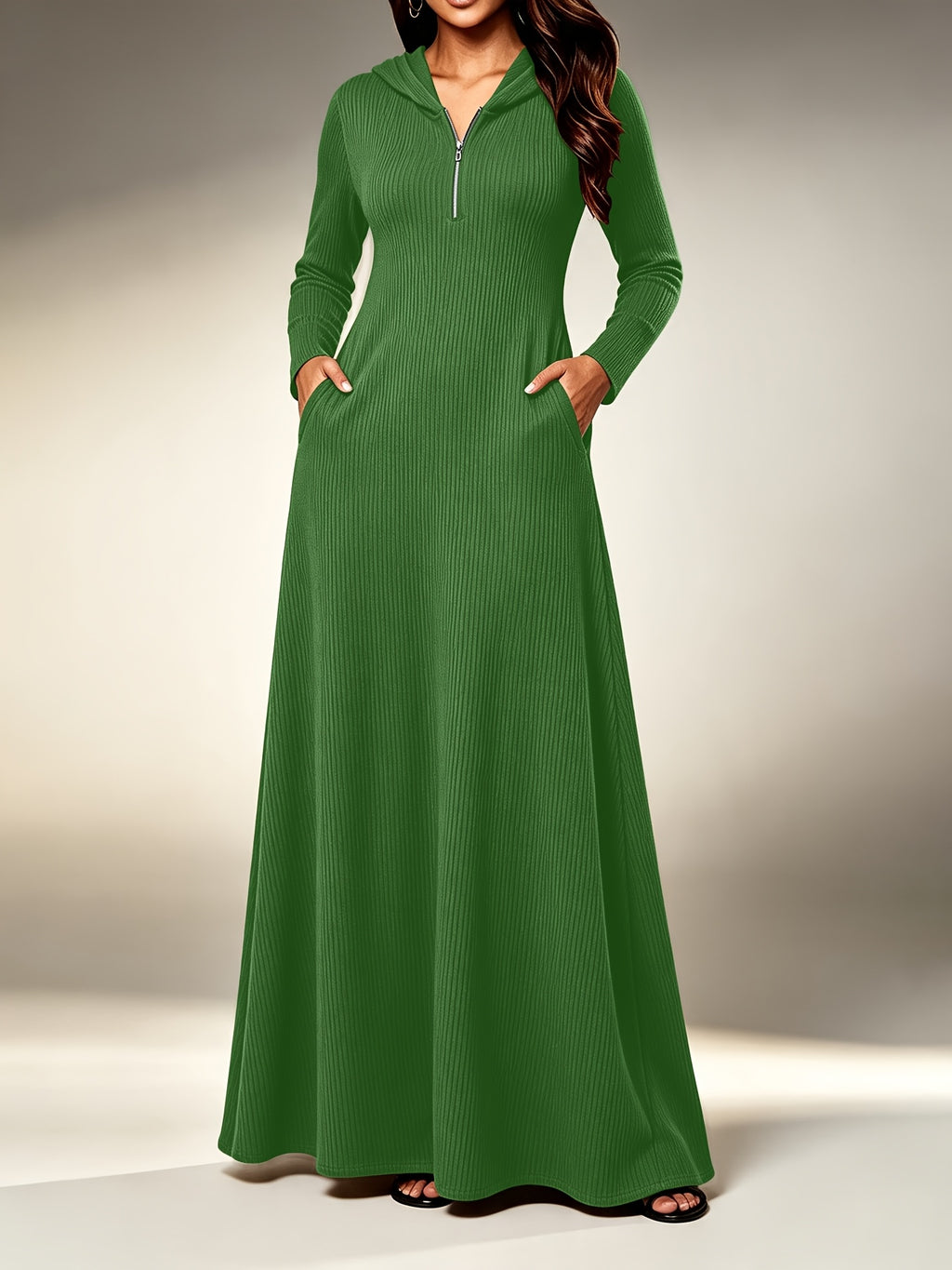 Plus Size - Western Plus Size Women'S Ribbed Hooded Long Dress, Half-Open Zipper Long Sleeve Fitted Flared Casual Floor-Length Skirt - Green