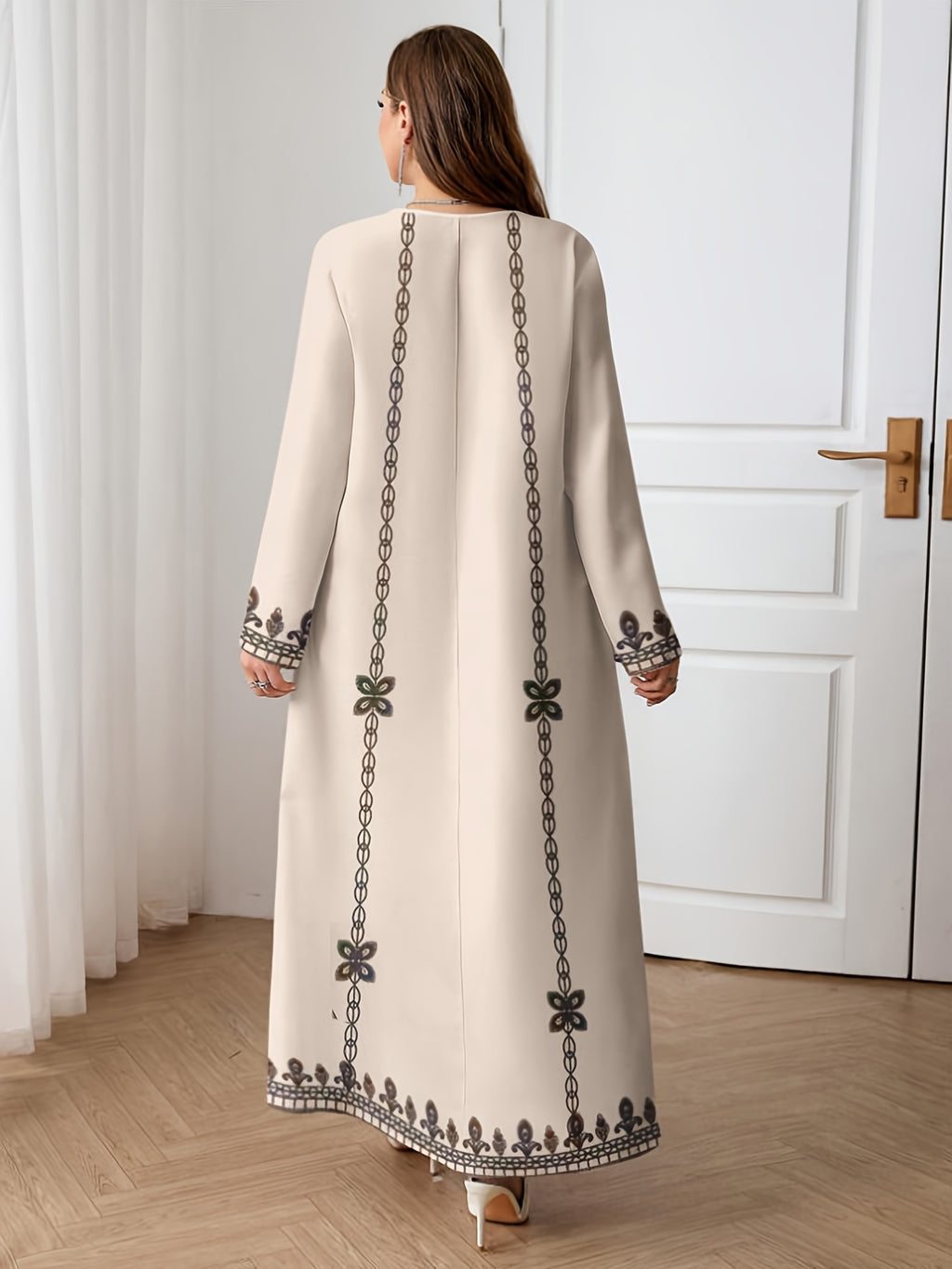 2026 Middle Eastern Elegant Robe Spring And Autumn New Arrival Ethnic Style Printed Long Skirt Ramadan Eid Al-Fitr Eid Al-Adha Temperament Commuting Loose And Comfortable Vacation Style Long Sleeve Dress 1 - Apricot