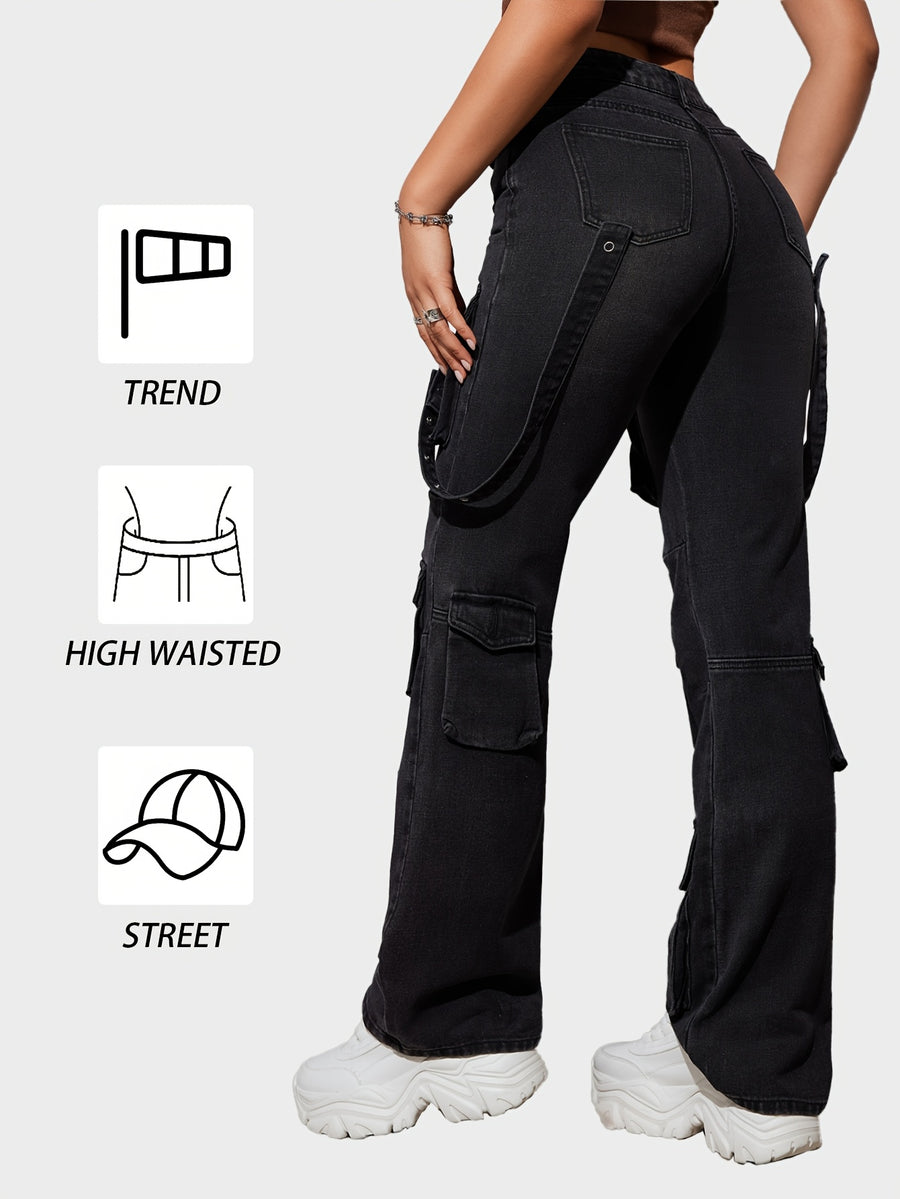 Women's High-Waisted Stretch Denim Cargo Pants with Multiple Pockets - Black Hip Hop Streetwear Style, Straight Leg Fit,, Perfect for Casual Outings, Spring Summer Pants | Cargo Style Jeans | Rugged Denim - Dark Gray