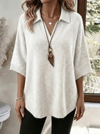 Plus Size - Women'S Elegant Casual Cute Sexy Bohemian Style Spring Autumn Solid Color V-Neck with Lapel 3/4 Sleeve Curved Hem Slit Irregular Loose Soft Warm Shawl Cape Pullover Sweater Top - Ivory White