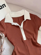 1 Piece of Color-blocked Elegant Slim-fit Lapel Mini Jumpsuit with White Trim, a for Back-to- Season and Daily Wear - Brick Red