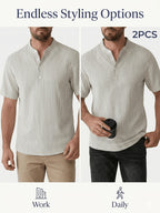 Josh Rose OBM 2pcs Men's Henley Shirts, Men's Summer Short Sleeve Regular Fit, Lightweight and Breathable, 95% Linen, Solid and Striped in Black and White, Features 4 Buttons, Suitable for Summer Daily Work, Casual, and Vacation Occasions - White+White